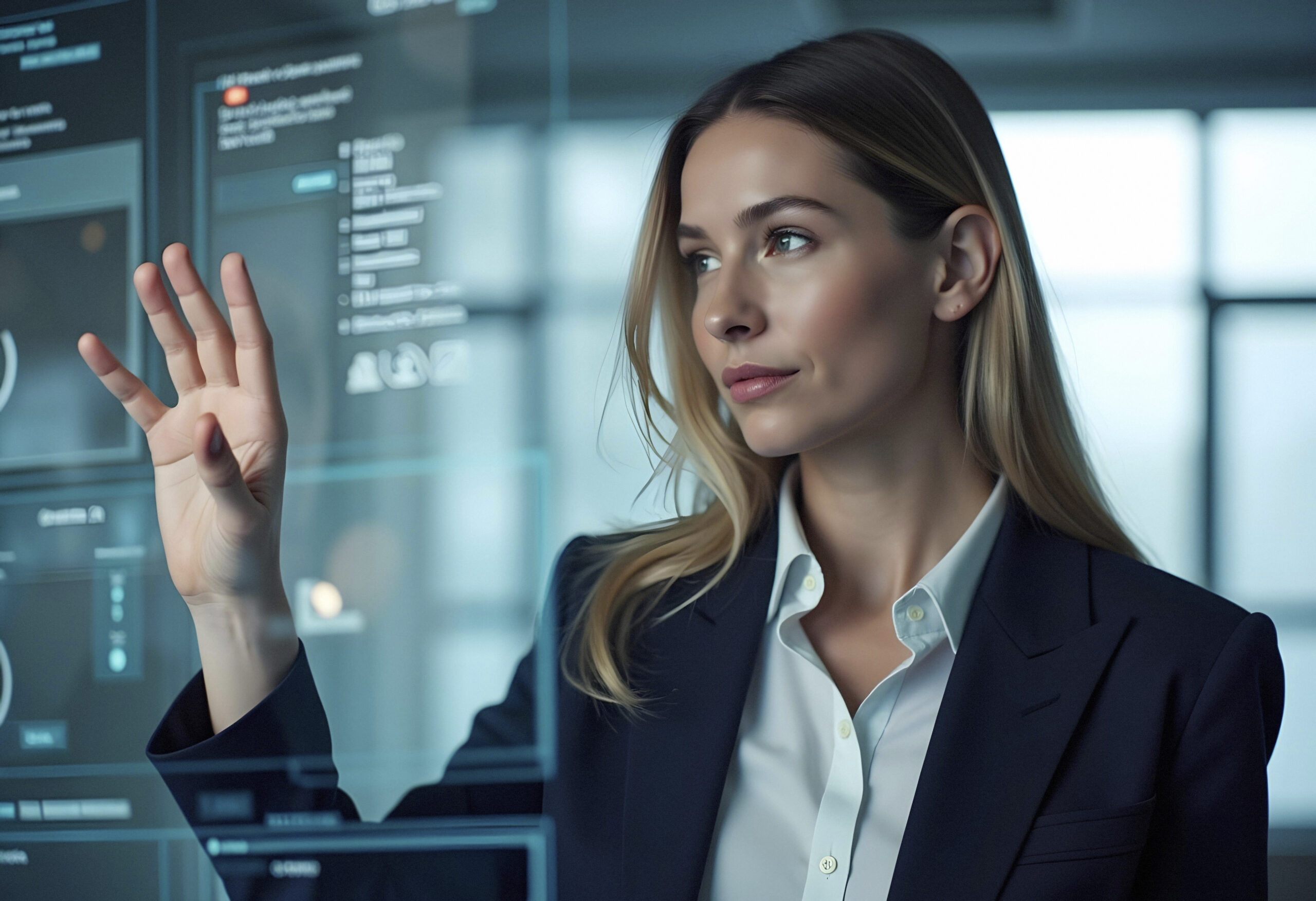 Obrazek przedstawia kobietę z nowoczesną technologią